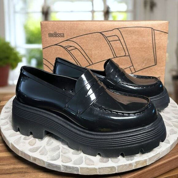 Melissa Royal Black Chunky Platform Loafers Women’s Size 7 | Patent Slip-On | NI - Picture 1 of 14